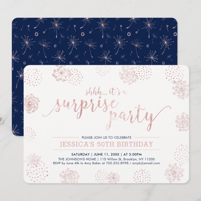 Invitation Rose Gold | Fête d'anniversaire surprise moderne 5 (Devant / Derrière)