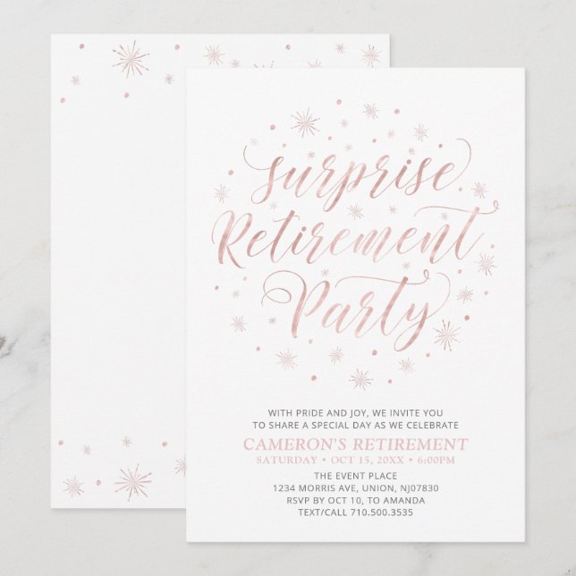 Invitation Rose gold | Fête de retraite surprise moderne (Devant / Derrière)
