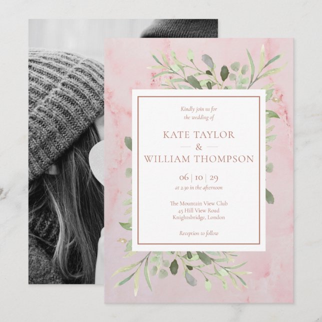 Invitation Rose Gold Feuillage Photo Mariage (Devant / Derrière)
