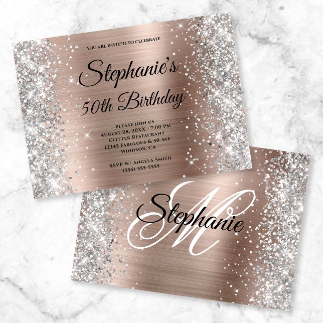 Invitation Rose Gold Feuille D'argent Paillettes Monogramme A (Créateur téléchargé)