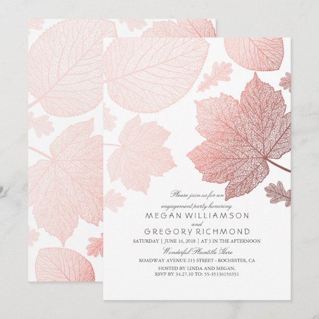 Invitation Rose Gold Feuilles Elegant Automne Engagement Part (Devant / Derrière)