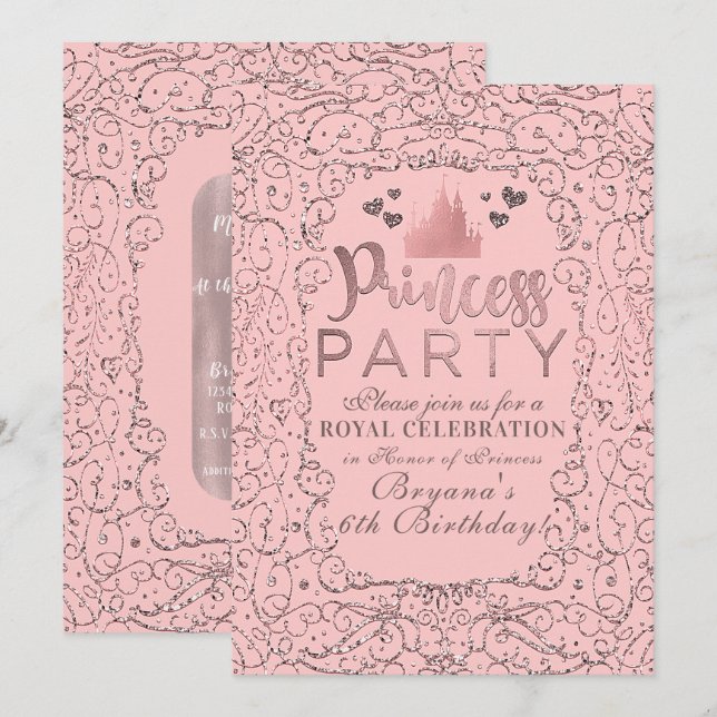 Invitation Rose Gold Filigrane Rose Foncé FÊTE DE PRINCESSE A (Devant / Derrière)