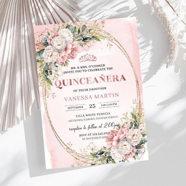 Invitation Rose Gold Fleurs de Jardin pour 15e Anniversaire (Garden Rose Gold Flowers Greenery 15th Birthday)