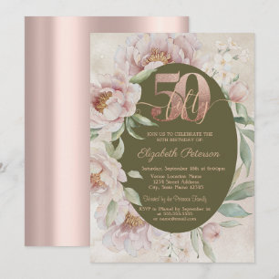 Invitation Rose Gold Fleurs Élégantes 50e Anniversaire