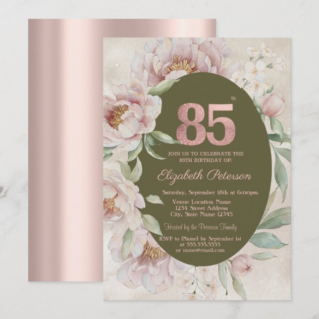 Invitation Rose Gold Fleurs Élégantes 85e Anniversaire  (Devant / Derrière)