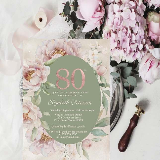 Invitation Rose Gold Fleurs Élégantes Vert 80e Anniversaire  (Créateur téléchargé)