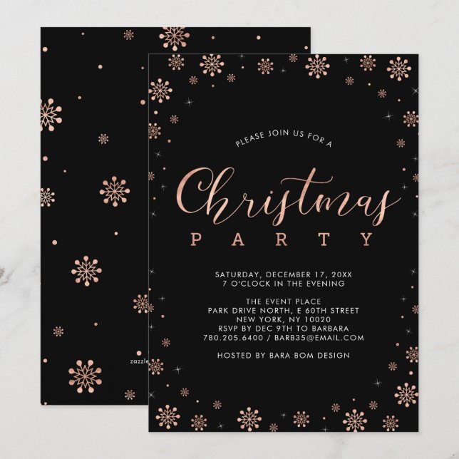 Invitation Rose Gold | Flocons de neige modernes pour une fêt (Devant / Derrière)