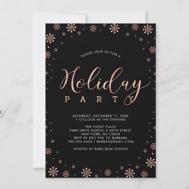 Invitation Rose Gold & Flocons de Neige Noirs Fête Moderne de (Devant)