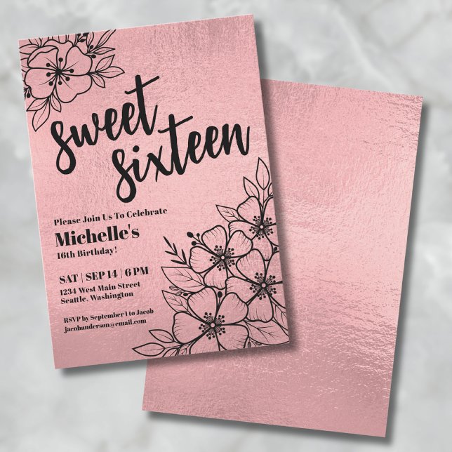 Invitation Rose Gold Floral 16e Anniversaire (Rose Gold Floral 80th Birthday Party Invitation)
