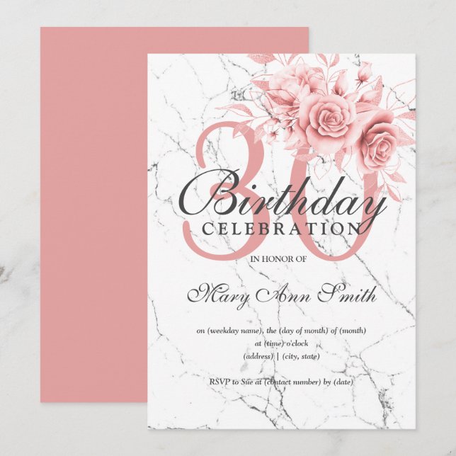 Invitation Rose Gold Floral 30e Anniversaire Marbre de fête (Devant / Derrière)