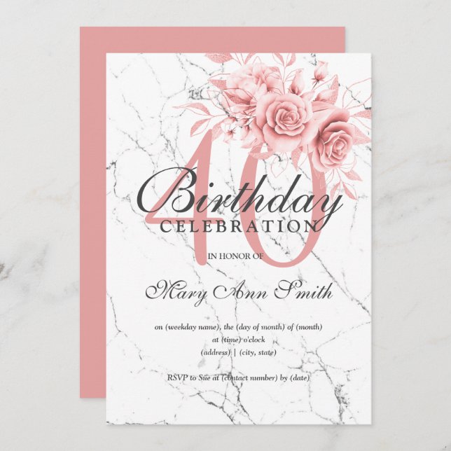 Invitation Rose Gold Floral 40e Anniversaire Marbre de fête (Devant / Derrière)