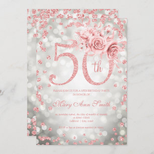 Invitation Rose Gold Floral 50e Anniversaire Glam Lights Arge