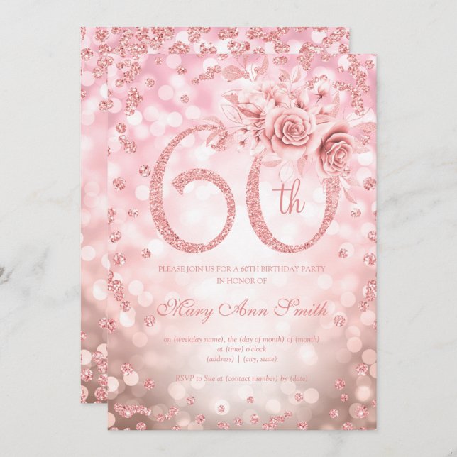 Invitation Rose Gold Floral 60e Anniversaire Lumières   (Devant / Derrière)