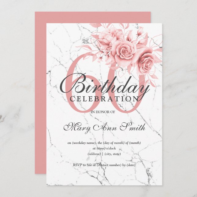 Invitation Rose Gold Floral 60e Anniversaire Marbre de fête (Devant / Derrière)