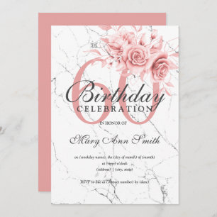 Invitation Rose Gold Floral 60e Anniversaire Marbre de fête