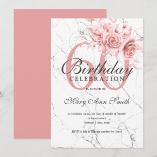 Invitation Rose Gold Floral 60e Anniversaire Marbre de fête
