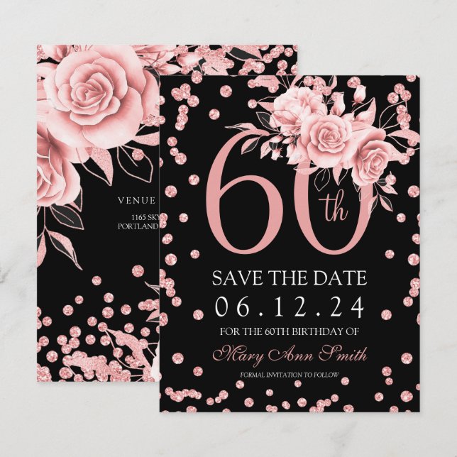 Invitation Rose Gold Floral 60e Enregistrer la date Noir (Devant / Derrière)