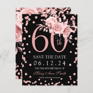 Invitation Rose Gold Floral 60e Enregistrer la date Noir