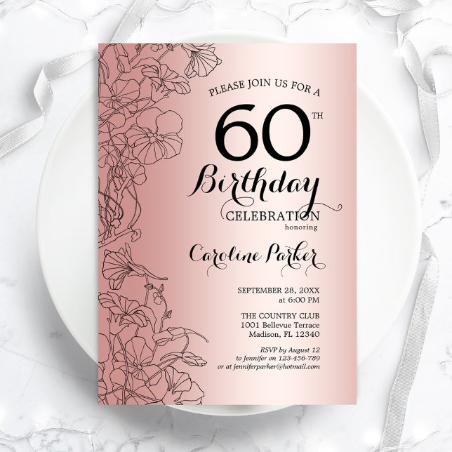 Invitation Rose Gold Floral 60e fête d'anniversaire (Créateur téléchargé)