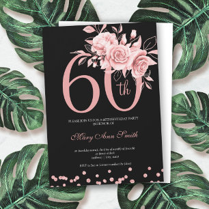Invitation Rose Gold Floral 60e fête d'anniversaire noir