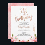 Invitation Rose Gold Floral à l'occasion de son 21<br><div class="desc">Invitation Rose Gold Floral à l'occasion de son 21e anniversaire

Soignée et élégante invitation au vingt-et-unième anniversaire rose et or avec quelques roses d'aquarelle rose et de verre de champagne rose à feuilles d'or imitant le texte .  C'est une belle façon d'invitation les invités à votre prochain 21e anniversaire.</div>