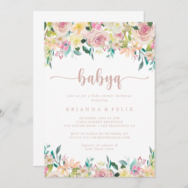 Invitation Rose Gold Floral BabyQ Baby shower Barbecue (Devant / Derrière)