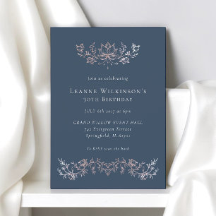 Invitation Rose Gold Floral Bleu de Nuit 30ème Anniversaire