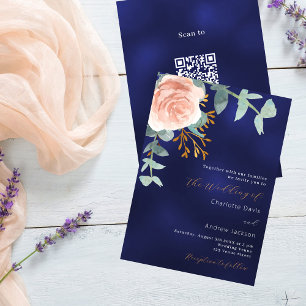 Invitation Rose gold floral bleu marine code QR RSVP mariage