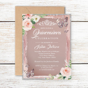 Invitation Rose Gold Floral Butterfly Sparkle Quinceanera