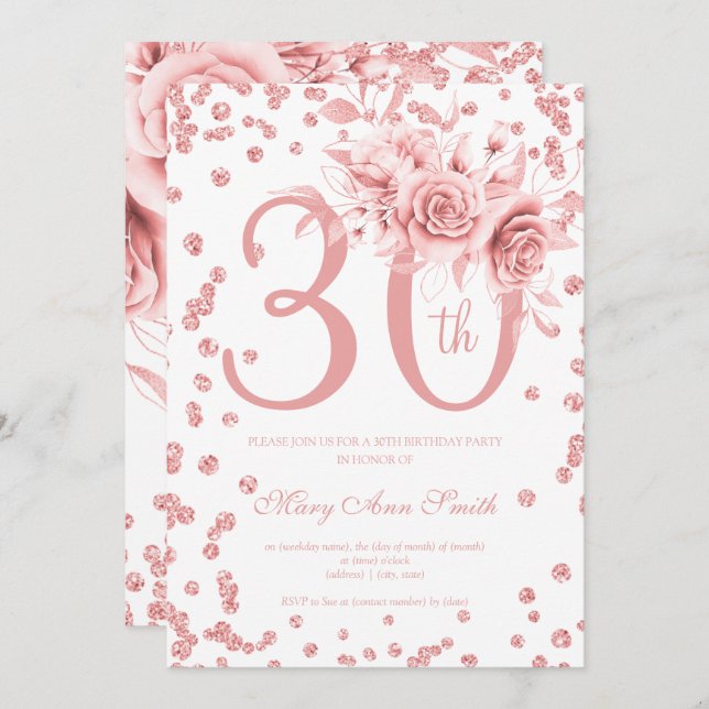 Invitation Rose Gold Floral & Confetti 30e fête d'anniversair (Devant / Derrière)