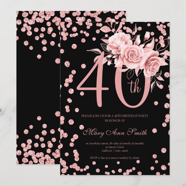 Invitation Rose Gold Floral & Confetti 40e anniversaire Noir (Devant / Derrière)