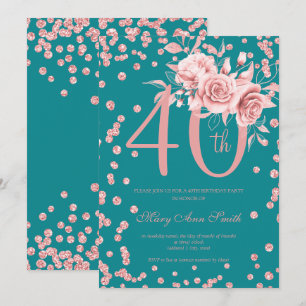 Invitation Rose Gold Floral & Confetti 40e anniversaire Turqu