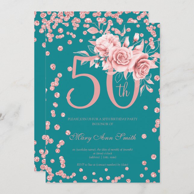 Invitation Rose Gold Floral & Confetti 50e anniversaire Turqu (Devant / Derrière)