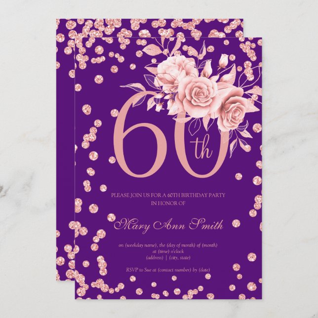 Invitation Rose Gold Floral & Confetti 60e anniversaire viole (Devant / Derrière)