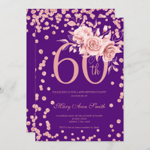 Invitation Rose Gold Floral & Confetti 60e anniversaire viole