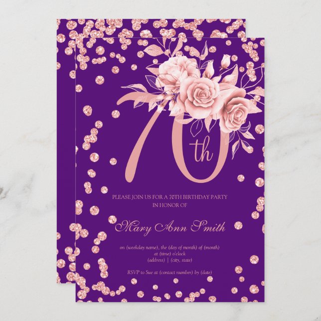 Invitation Rose Gold Floral & Confetti 70e anniversaire viole (Devant / Derrière)