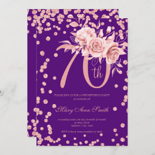 Invitation Rose Gold Floral & Confetti 70e anniversaire viole