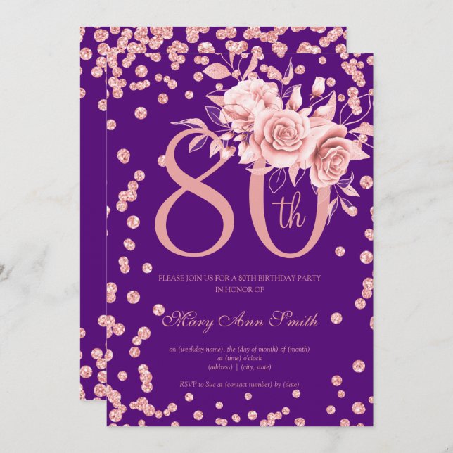 Invitation Rose Gold Floral & Confetti 80e anniversaire viole (Devant / Derrière)