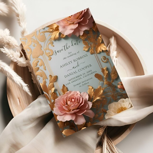 Invitation Rose Gold Floral d'inspiration Vintage Enregistrer (Créateur téléchargé)