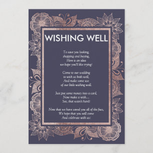 Invitation Rose Gold Floral et Marine Blue Wishing well