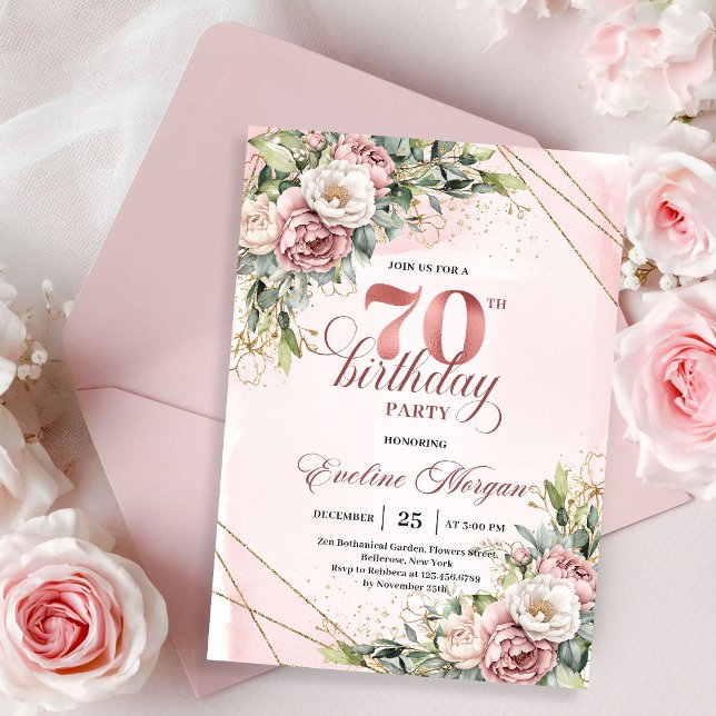 Invitation Rose Gold Floral Greenery 70e Anniversaire  (Dreamy Rose Gold Floral Greenery 70th Birthday Invitation)