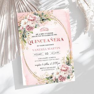 Invitation Rose Gold Floral Greenery Élégante Quinceanera 