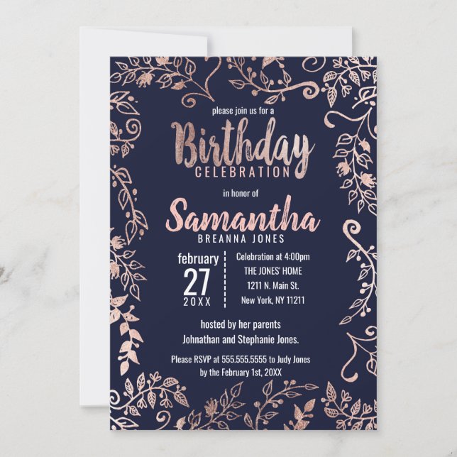 Invitation Rose Gold Floral Marine Bleu Brush Script Annivers (Devant)
