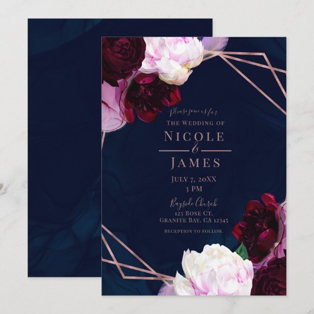 Invitation Rose Gold Floral Moderne Glamour Mariage Bleu Nuit (Devant / Derrière)