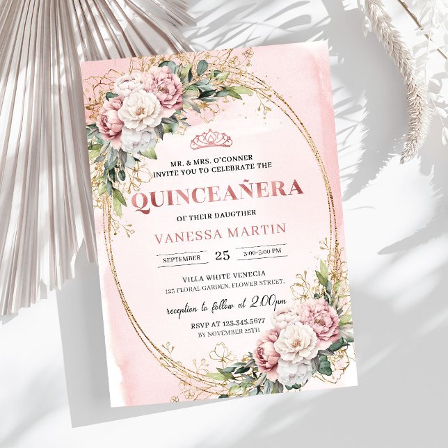Invitation Rose Gold Floral Moderne pour 15e Anniversaire (Modern Rose Gold Floral Greenery 15th Birthday)