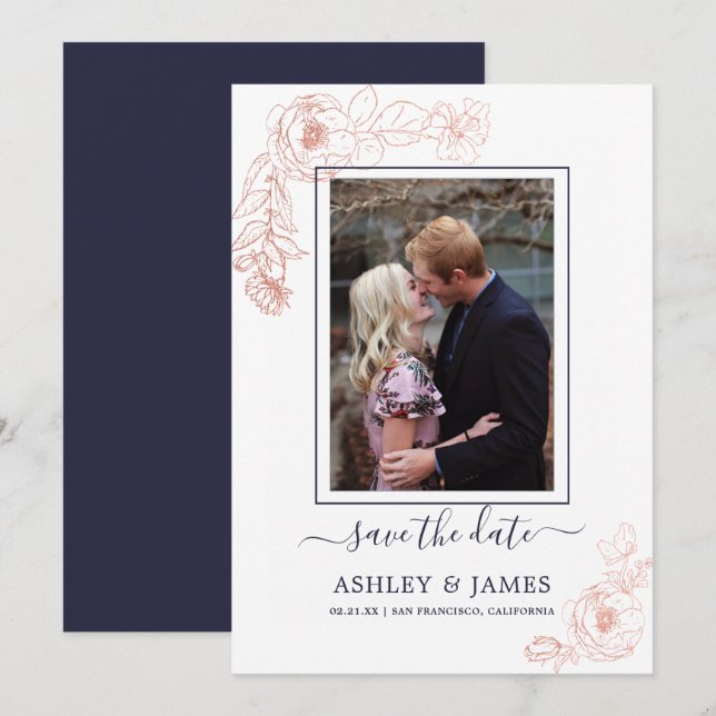 Invitation Rose Gold Floral Navy Photo Mariage Enregistrer La (Devant / Derrière)