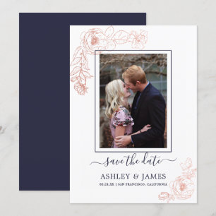 Invitation Rose Gold Floral Navy Photo Wedding Enregistrer La