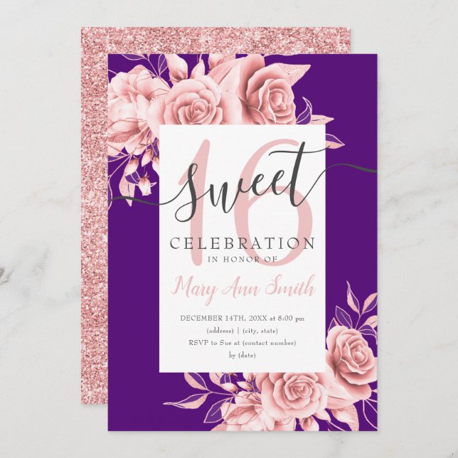 Invitation Rose Gold Floral & Parties scintillant Sweet 16 Sc (Devant / Derrière)