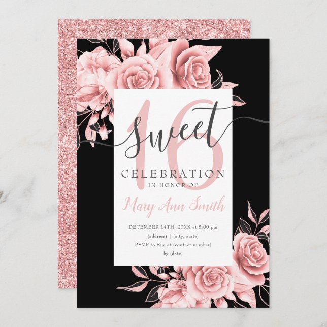 Invitation Rose Gold Floral & Parties scintillant Sweet 16 Sc (Devant / Derrière)