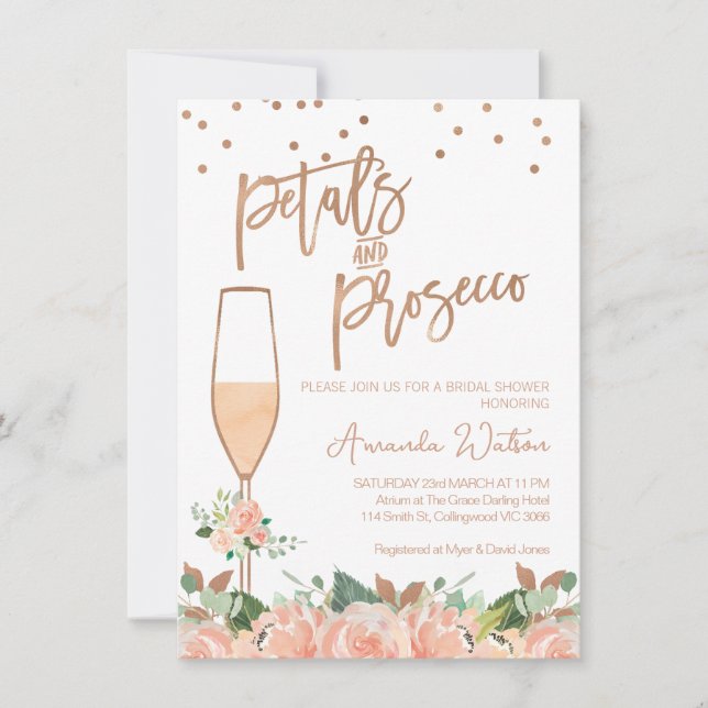 Invitation Rose Gold Floral Petals Prosecco Fête des mariées (Devant)
